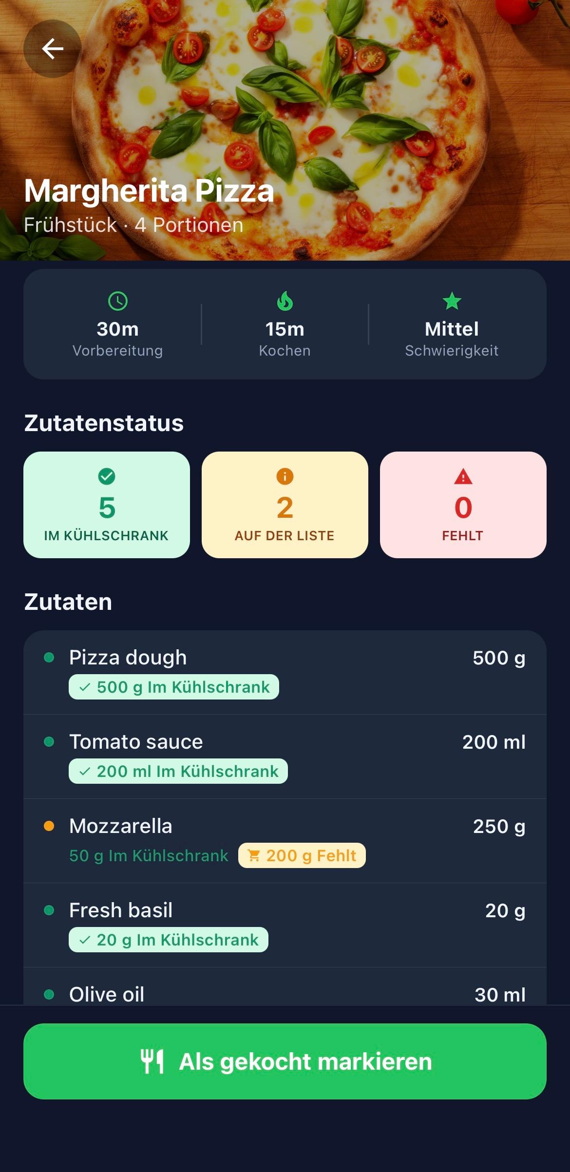 SmartFridge App – Rezeptdetail mit Zutaten und Nährwerten