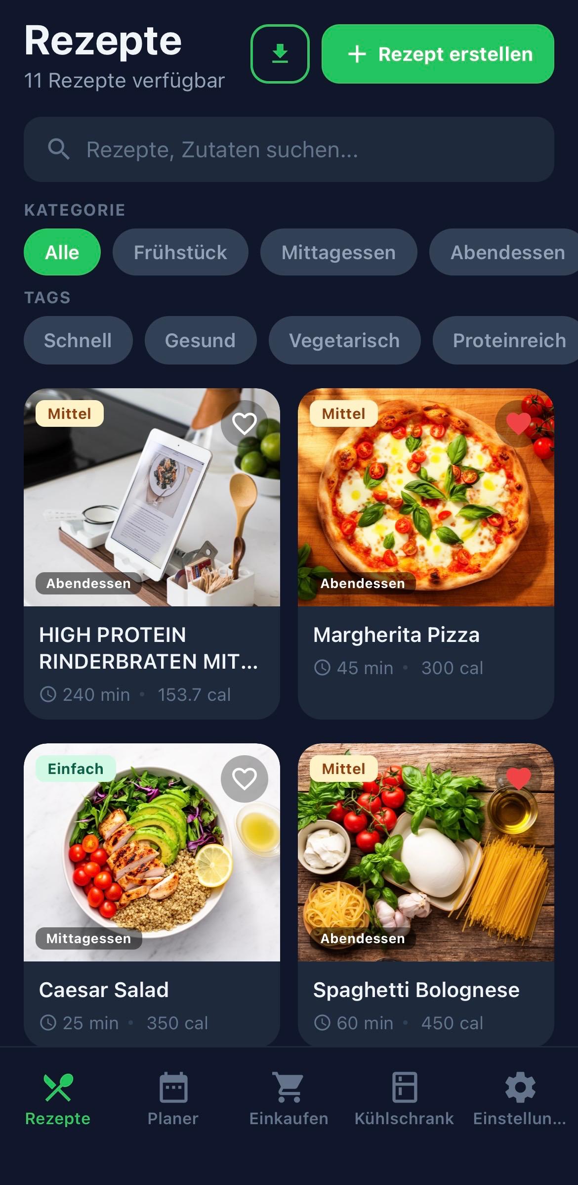 SmartFridge App – Rezepte-Übersicht mit Kategorien und Tags